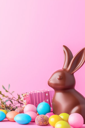 A chocolate bunny is partially unwrapped, revealing its glossy surface. It rests next to an assortment of vibrant candies on a pink table, creating a cheerful atmosphere perfect for spring.の素材