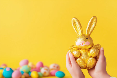 A pair of hands skillfully wraps a chocolate Easter bunny in shiny golden foil. Colorful candies are scattered in the background, creating a vibrant holiday atmosphere.の素材