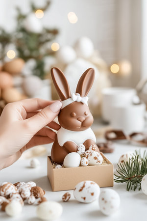 Hands carefully unwrap a delightful chocolate Easter bunny, surrounded by festive decorations in a warm kitchen, evoking a cozy holiday atmosphere.の素材