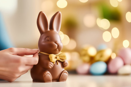 In a cozy kitchen, hands carefully unwrap a chocolate Easter bunny, creating a joyful atmosphere filled with warmth and anticipation for the holiday treat.の素材