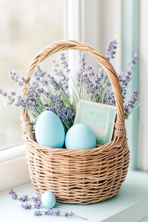 A wicker basket filled with fresh lavender and pastel-colored eggs sits on a sunlit windowsill. A vintage postcard adds charm to this serene spring arrangement.の素材