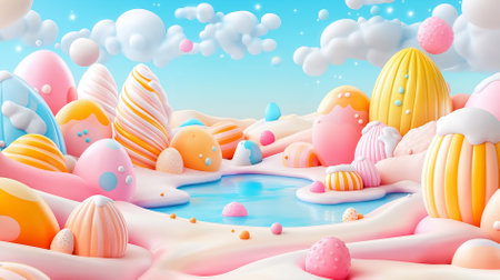 A fantastical landscape unfolds, filled with oversized, colorful Easter eggs in soft pastel hues. A tranquil pool mirrors the whimsical sky, while fluffy clouds float above this dreamlike setting.の素材