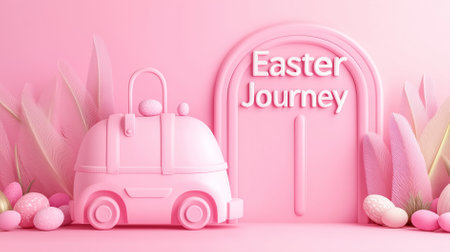 Soft pastel colors create a nostalgic ambiance celebrating Easter. The illustration features a charming vintage vehicle and vibrant decorations, inviting travelers to enjoy holiday adventures.の素材