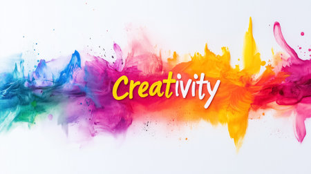 Bright hues come together in a striking watercolor design, featuring playful brush strokes and the word Creativity in cheerful lettering, capturing the joyful spirit of Easter celebrations.の素材
