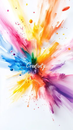 An expressive watercolor landscape bursts with vibrant colors, conveying the essence of creativity. Hand-lettered typography spells out the word Creativity amidst the colorful splashes.の素材