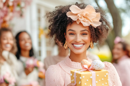 A group of friends enjoys a spring gathering, laughing and exchanging small Easter gifts. The backyard is vibrant with colorful flowers and festive decorations, creating a joyful atmosphere.の素材
