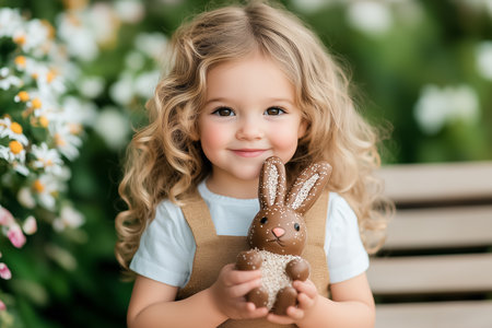 A joyful child with curly hair sits on a bench in a vibrant garden, holding a chocolate Easter bunny surrounded by blooming flowers, embracing the cheerful spirit of the season.の素材