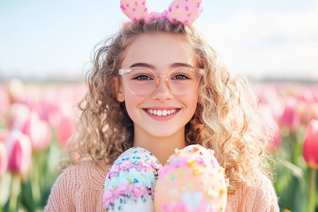 A cheerful teenager holds two large decorated Easter eggs, surrounded by a colorful field of blooming tulips under a clear blue sky. She radiates joy in her playful outfit.の素材
