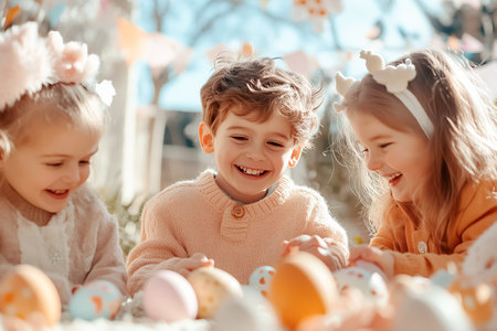 Three children joyfully laugh as they search for hidden Easter eggs in a bright backyard filled with pastel bunting, celebrating the festive occasion together.の素材