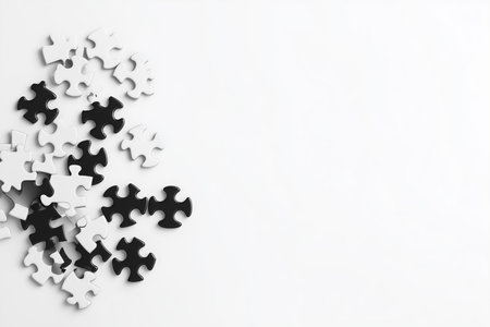 Puzzle pieces float in mid-air against a neutral white background, illustrating the concept of connection and unity. The even light enhances the minimalistic aesthetic, creating a calm atmosphere.の素材