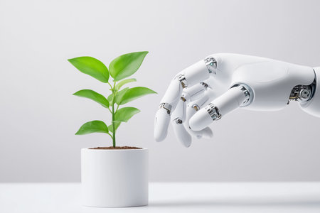A robotic hand extends towards a small green plant in a white pot, embodying a blend of technology and nature in a bright, neutral environment. This moment captures a tranquil interaction at midday.の素材