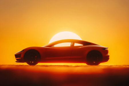 A sleek electric car rests against a pale sun as it sets on the horizon, emphasizing its modern silhouette and promoting eco-friendly transportation. This scene captures serenity and innovation.の素材