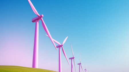 Minimalistic wind turbines are neatly arranged in a row on a gentle hillside, illuminated by soft natural light during dawn. The calm pastel sky enhances the serene atmosphere.の素材