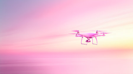 A minimalistic silhouette of a drone hovers quietly against a pastel dawn sky filled with soft hues. The scene captures a serene moment of natural light and simplicity.の素材
