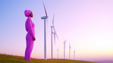 A calm dawn reveals a row of minimalistic wind turbines on a gentle green hillside, bathed in soft natural light against a pastel sky, creating a serene atmosphere.の素材