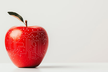 A striking silhouette of a red apple features intricate circuit patterns on the stem, placed against a seamless white surface.の素材
