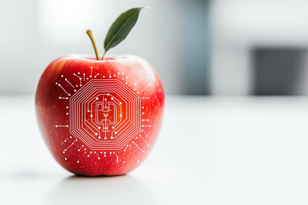 A red apple sits on a neutral white surface illuminated by bright even light. Its stem features intricate circuit patterns, symbolizing the fusion of nature and technology in food.の素材