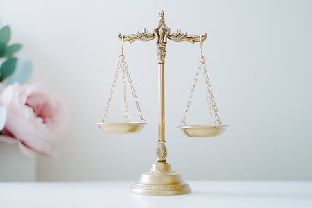 Scales of justice are illuminated gently in a bright midday light, emphasizing their role in representing fairness and equality. The neutral background enhances their significance.の素材