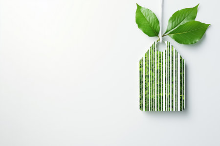 A unique representation features a solitary leaf morphing into a green barcode against a bright white background. This design symbolizes the intersection of nature and commerce.の素材