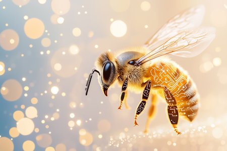 A honeybee with intricate circuit-patterned wings hovers gracefully against a soft, neutral backdrop. This unique fusion of nature and technology occurs in bright midday light.の素材