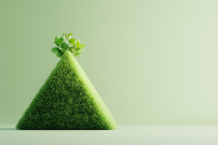A minimalistic pyramid form rises from a soft neutral surface, topped with vibrant green foliage, suggesting eco-architecture in even midday light, creating a serene atmosphere.の素材