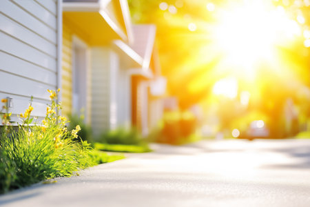 Warm sunlight illuminates a peaceful suburban street lined with small houses. The midday light enhances the calm atmosphere, showing the warmth of community living.の素材