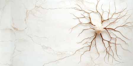 A minimalistic neuron design showcases intricate thin lines branching out against a neutral background. Soft midday light enhances the serene brain network symbol, embodying simplicity and connection.の素材