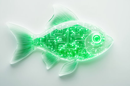 A single fish silhouette rests against a neutral white surface, featuring a vibrant green circuit tail, representing a fusion of nature and technology.の素材