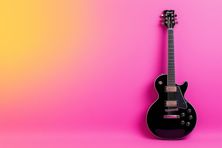 A sleek electric guitar silhouette stands quietly against a neutral pastel pink background. Illuminated by soft midday light, the minimalist form emphasizes elegance and simplicity.の素材