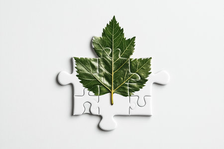A single puzzle piece rests on a bright, neutral white surface illuminated by midday light. The piece features a subtle leaf pattern, symbolizing nature's essential role in life's puzzle.の素材