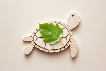 A minimalist depiction of a turtle outline featuring a vibrant green leaf resting on its shell. The subtle design conveys a gentle environmental metaphor in bright midday light.の素材