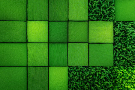 Neatly arranged geometric green fields showcase agricultural minimalism. Bright midday light enhances the vibrant hues in this striking aerial view of patterned farmland.の素材