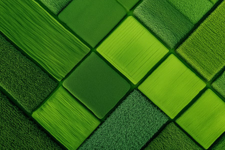 Bright green fields are arranged in a geometric pattern, showing agricultural minimalism from an aerial perspective. Captured at midday, the even light highlights the neat rows of crops.の素材