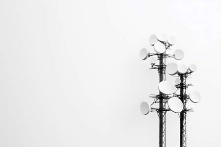 Two wireless towers with circular antennas reach towards the clear white horizon designed for communication needs in a minimalist setting emphasizing technology and connectivity.の素材