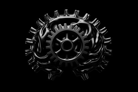 A gear shape is centered within a stylized brain outline. This design represents the integration of technology and creativity in various industries.の素材