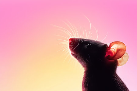 A lab rat silhouette gazes upward in soft pastel light creating a calm atmosphere. This minimalistic setting highlights its features against a vibrant background.の素材