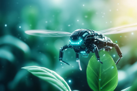 Robotic insect hovers delicately over a small leaf in a vibrant green environment. The setting features a blend of nature and technology with soft lighting.の素材