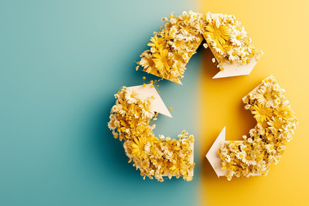 Two minimalist arrows form a recycling loop filled with bright yellow flowers symbolizing sustainable practices.の素材