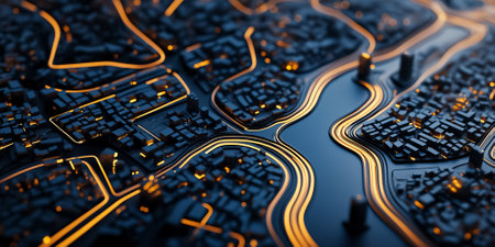 Colorful lines create a detailed representation of a minimalistic city layout. Brightly lit sections highlight key urban features. This modern visual appeals to architects and real estate developers.の素材