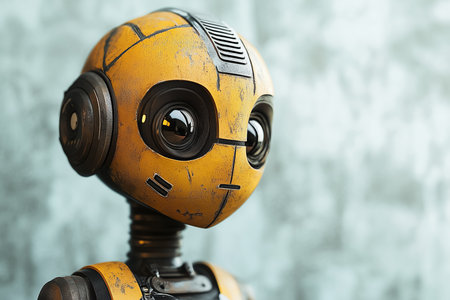 A robot face with a calm neutral expression is looking directly at the camera. The setting features a textured background that complements the intricate details of the robot, showing its design.の素材