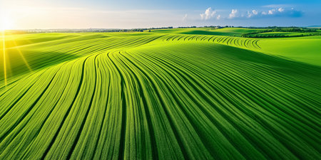 Bright green farmland patterns stretch across the horizon under a clear sky at sunset. The rolling hills create a calming, expansive atmosphere.の素材