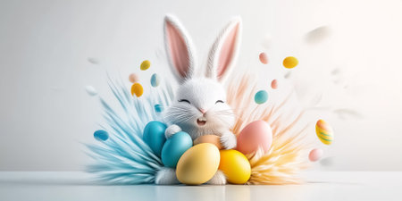 Easter bunny joyfully holding colorful eggs while bursts of colors radiate around it creates a vibrant and playful atmosphere. This artwork captures the essence of festive cheer and creativity.の素材