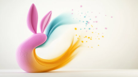 Modern Easter bunny with flowing geometric shapes gazing at the viewer creates dynamic and colorful composition with soft pastel colors against light background.の素材