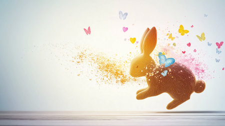 A modern interpretation of a bunny made from geometric shapes and vibrant colors, surrounded by colorful butterflies, fills the space with a playful atmosphere.の素材