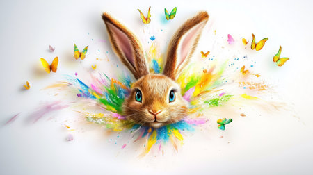 Easter bunny with textured fur gazes directly into the viewer eyes amidst splash of vivid colors and butterflies in whimsical background, evokes joy and celebration.の素材