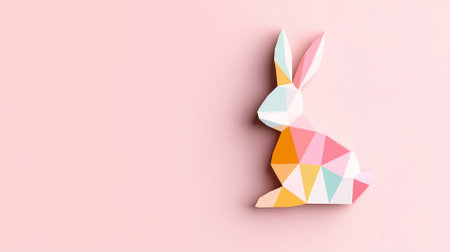 A minimalist Easter bunny composed of geometric shapes is gazing against a soft pink background. The abstract design features a blend of pastel colors ideal for modern decor.の素材