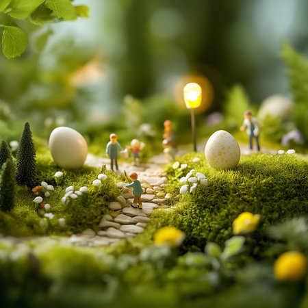 Tiny figures engage in an Easter egg hunt surrounded by vibrant flora and playful light. This enchanting forest setting invites joy and imagination into the spring season.の素材