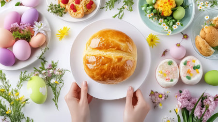 Hands place a freshly baked Easter kulich on a plate while decorative Easter treats surround it. Soft light enhances the festive table setting, creating a warm atmosphere.の素材