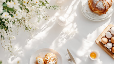 Easter breakfast spread laid out with colorful eggs pastries and fresh fruits under soft morning light, creates a warm inviting atmosphere perfect for gatherings celebrations or brunches.の素材