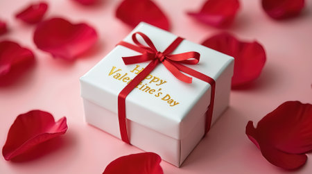 A gift box with a red ribbon sits surrounded by vibrant red rose petals. The box expresses a heartfelt Valentine's Day greeting against a soft pink background.の素材
